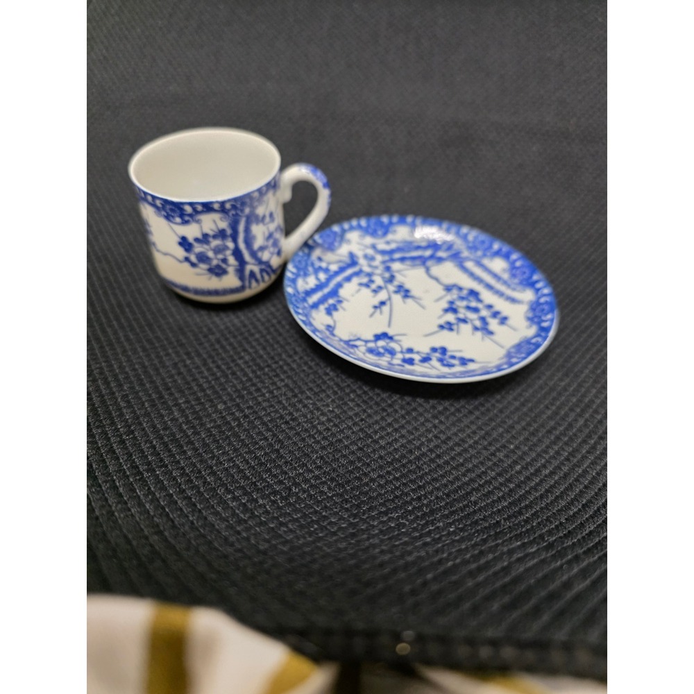 Vintage Inarco Japan Blue and White Floral Demitasse Espresso Cup and Saucer Set